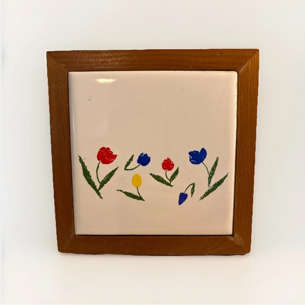 Vintage Wood and Tile Trivet-Floral